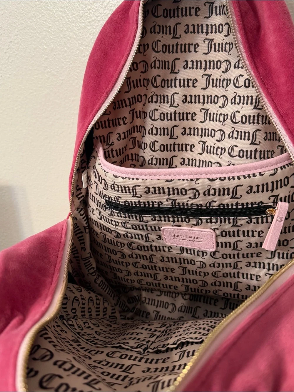 Juicy Couture Royal Pink Velour Backpack Rhinestone Crown Heart Charm Y2K